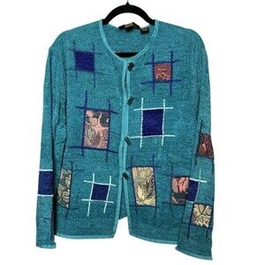 2/$30 Alex Kim Vintage Chenille Jacket Blazer Size S Blue Patchwork Grandmacore